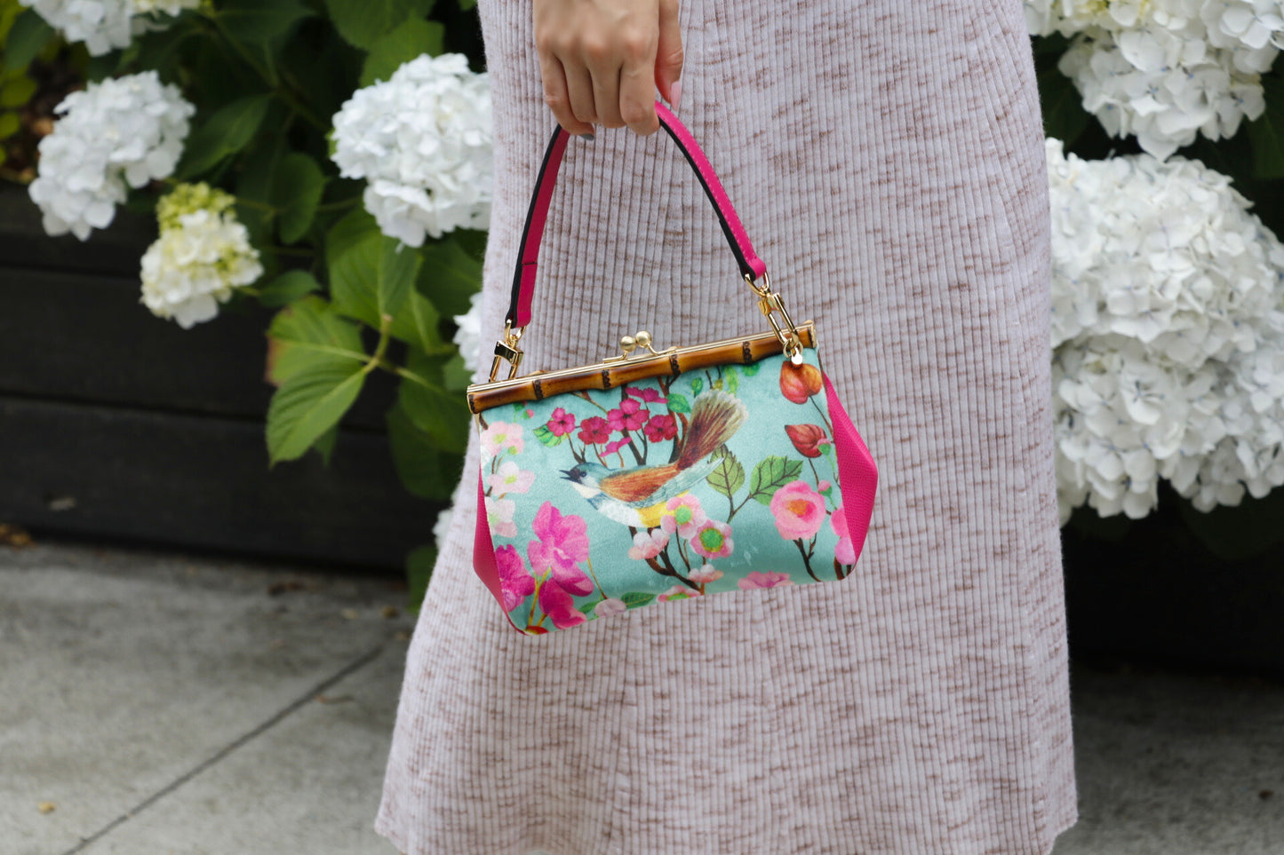 Garden Delight: Twilight Whimsy Bright Pink Handle Bamboo Handbag