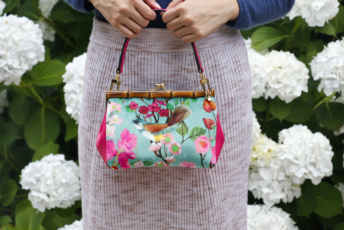 Garden Delight: Twilight Whimsy Bright Pink Handle Bamboo Handbag